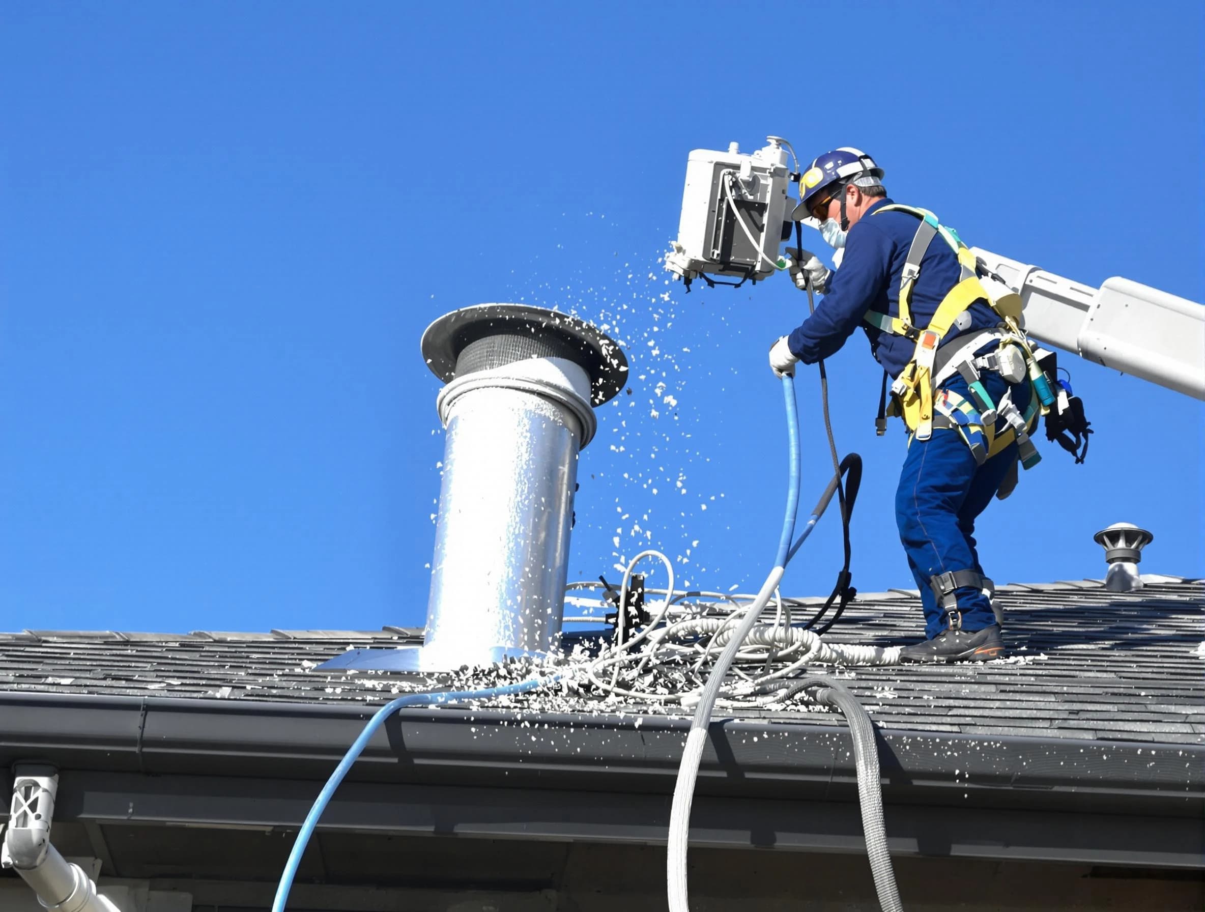 West Pleasant View Dryer Vent Cleaning certified technician safely cleaning a roof-mounted dryer vent in West Pleasant View