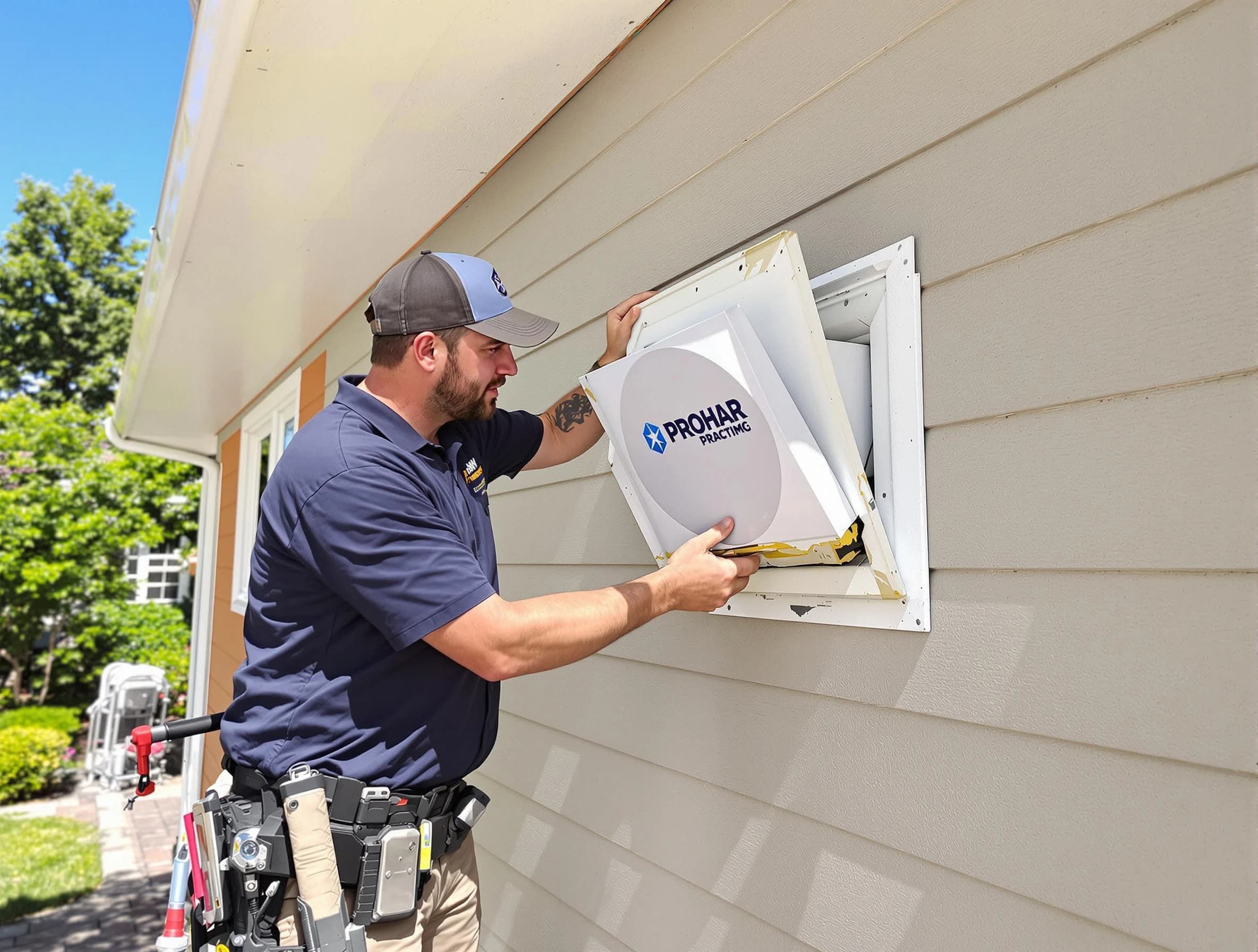 West Pleasant View Dryer Vent Cleaning technician installing a new protective dryer vent cover on a home in West Pleasant View